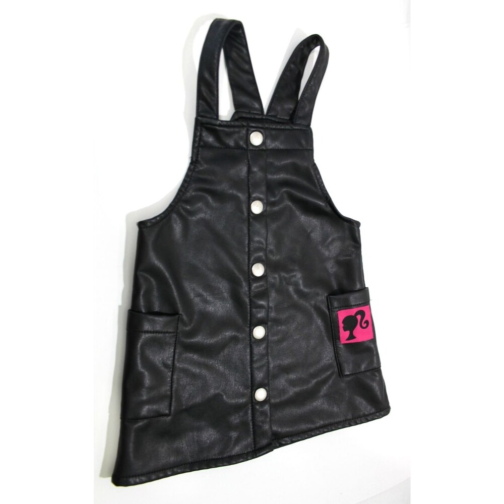 Barbie Girls Black Faux Leather Pinafore Dress Jumper Pink Logo Patch 2T Toddler